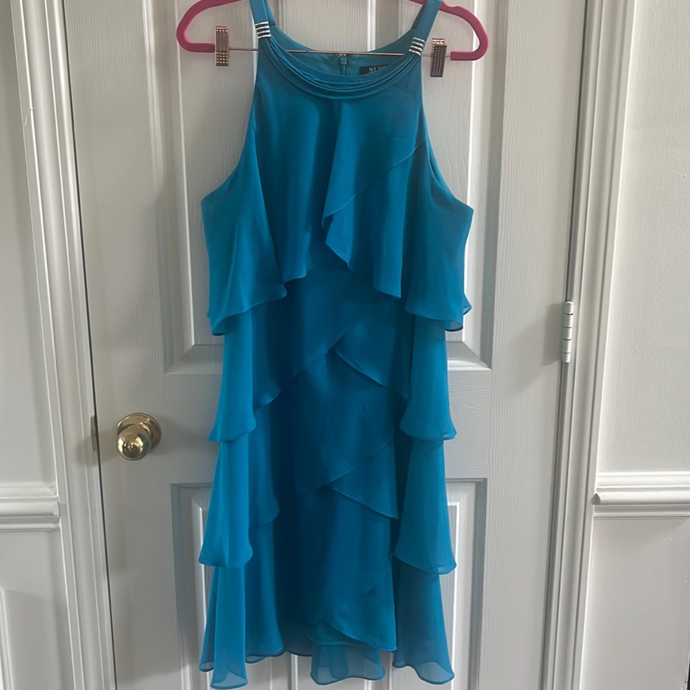 Cute Blue Dress with Rhinestone Sleeve Accent